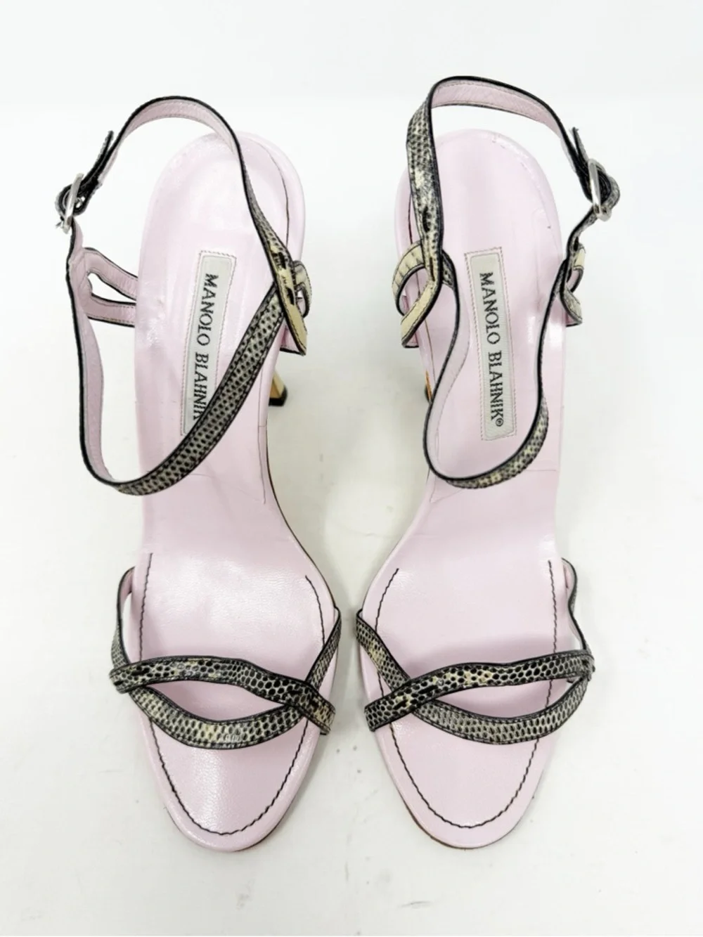 Manolo Blahnik Snakeskin Strappy Sandals Slingback Heels Womens Size EU 38